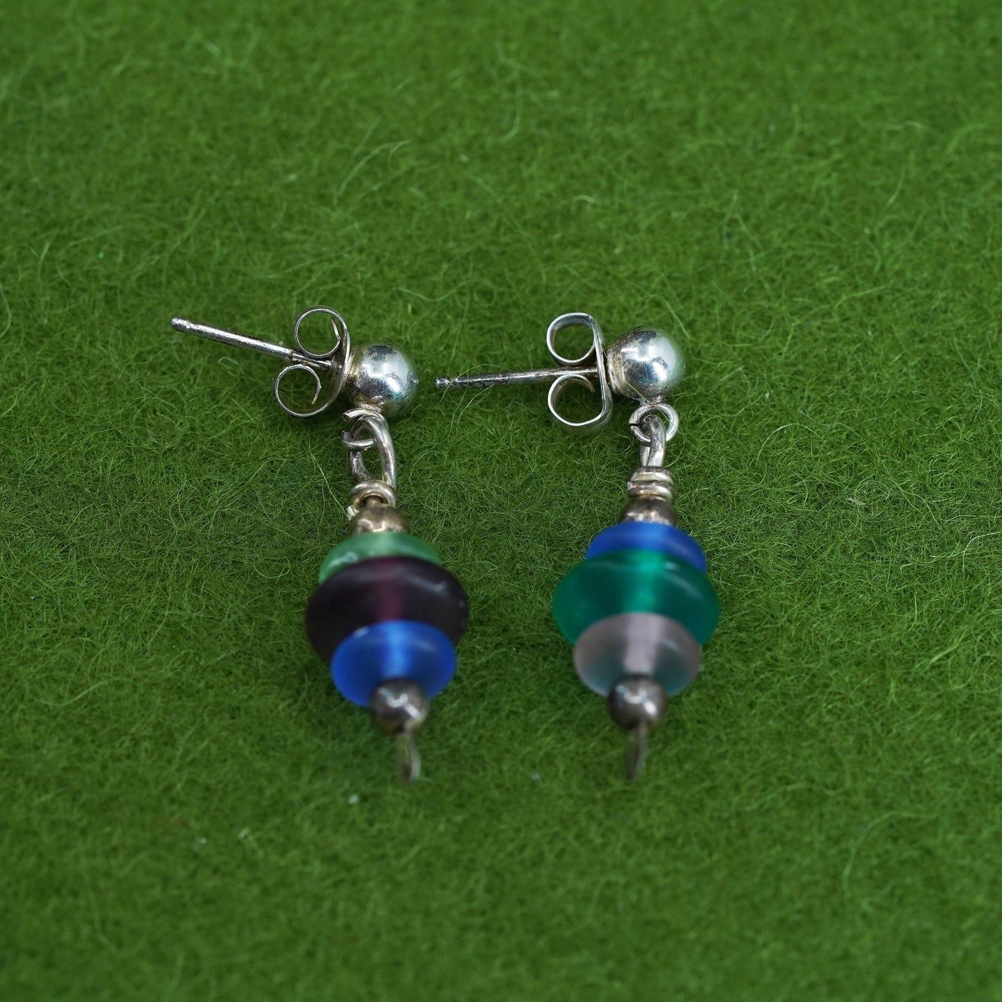 Sterling 925 silver handmade earrings with colorful sea washed glass dangles