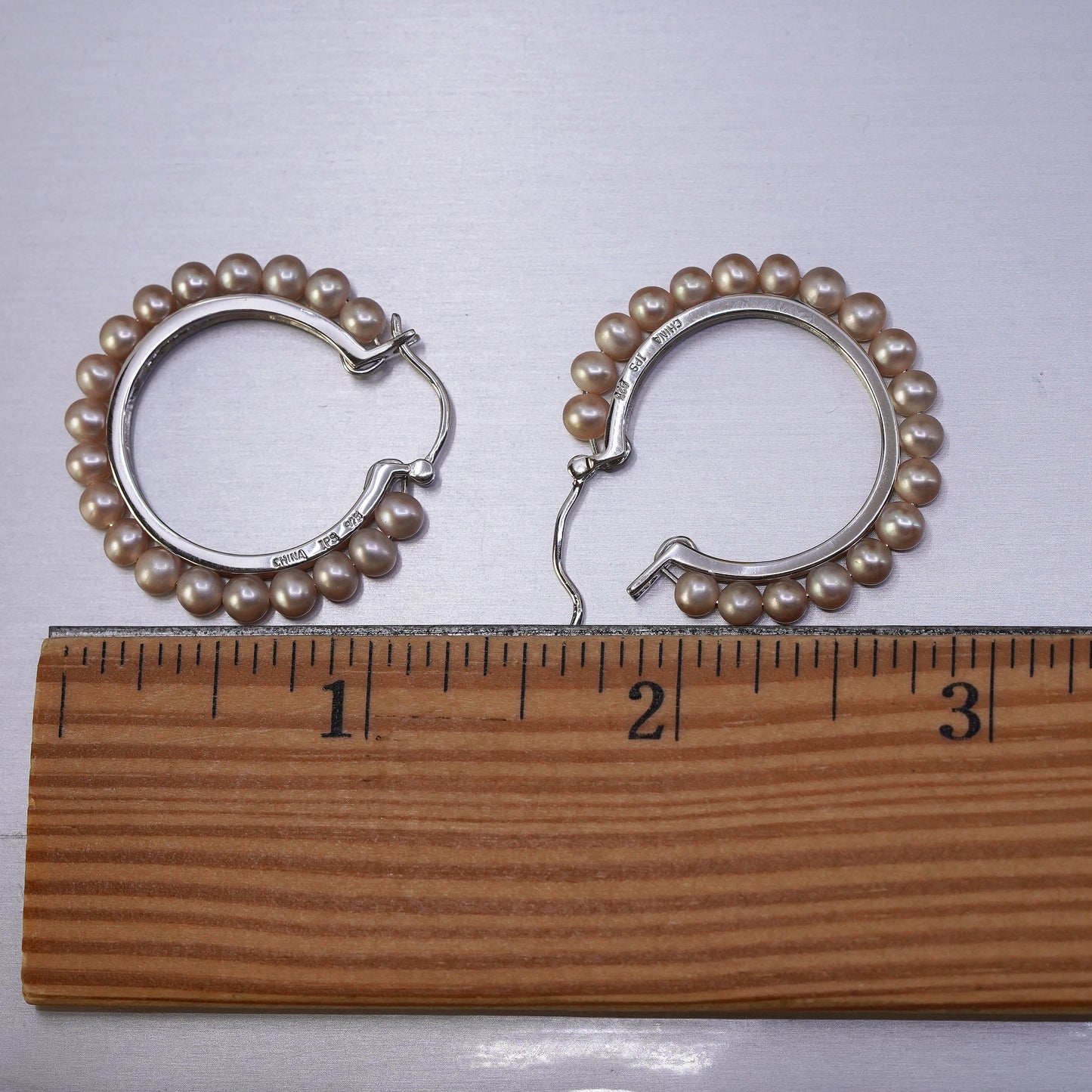 1.25” Sterling silver handmade earrings, southwestern 925 Huggie hoops pearls