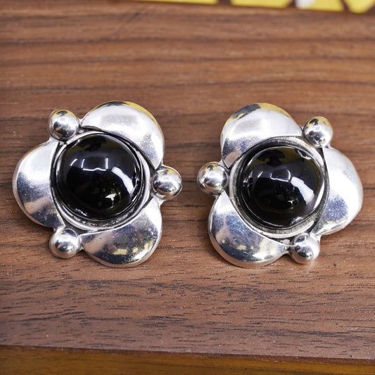 Mexican Sterling silver earrings, studs, huge 925 floral studs with black onyx