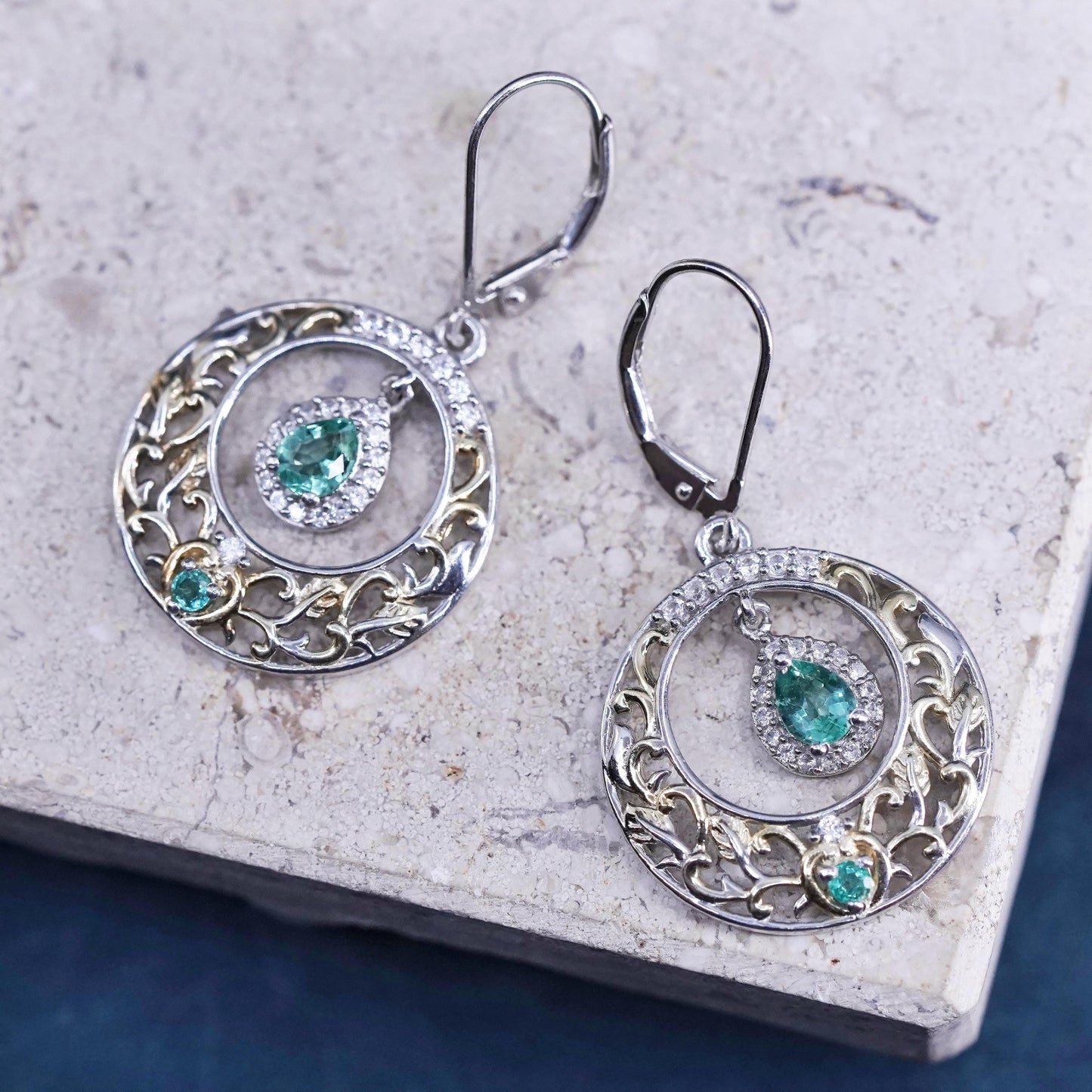 two tone Sterling silver handmade earrings, 925 filigree circle with blue topaz