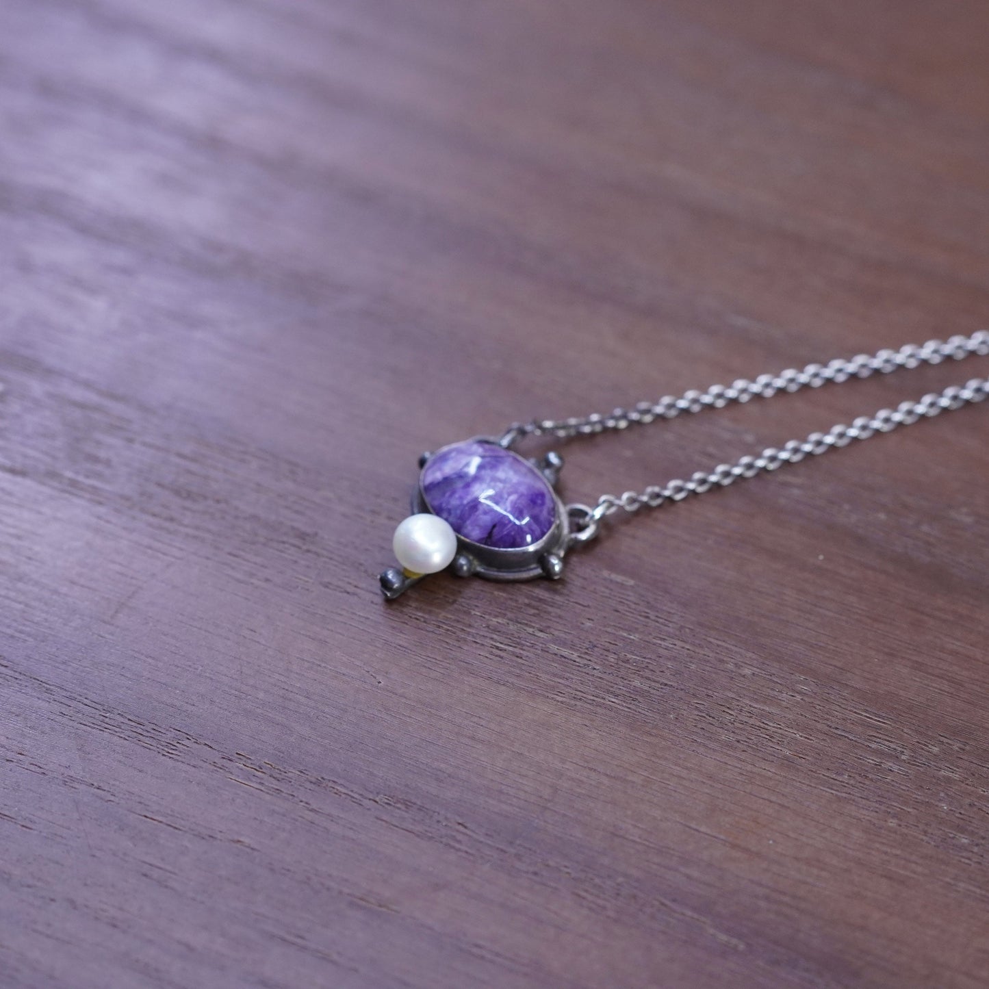 16”, handmade necklace, 925 silver circle chain with Charoite and pearl pendant