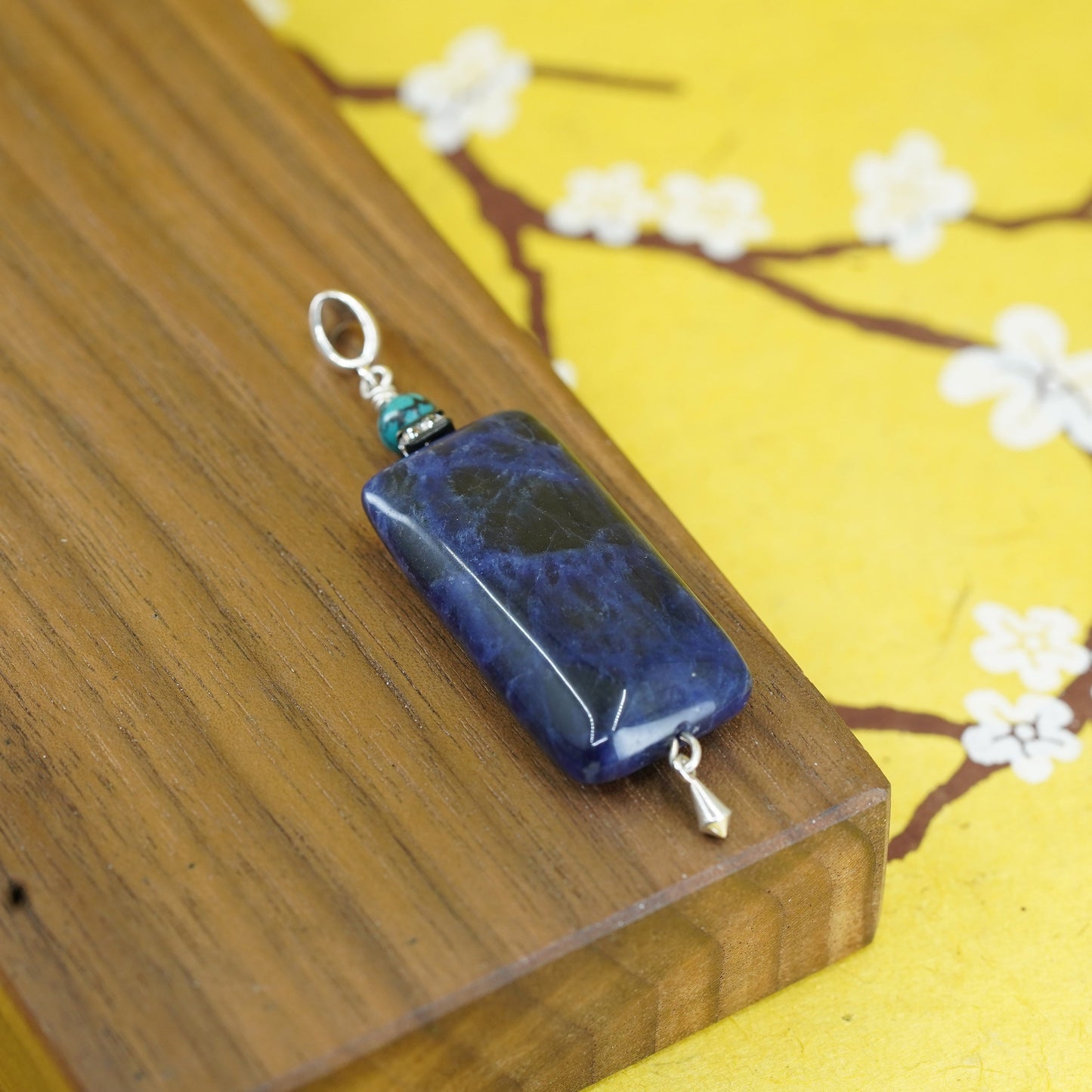 handmade Sterling 925 silver sodalite rectangular pendant and turquoise bead