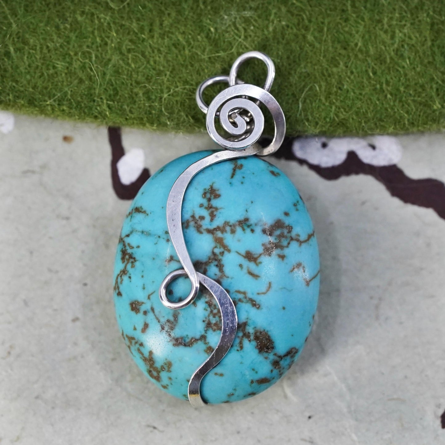 Native American Sterling 925 silver handmade wired spiral pendant w/ turquoise