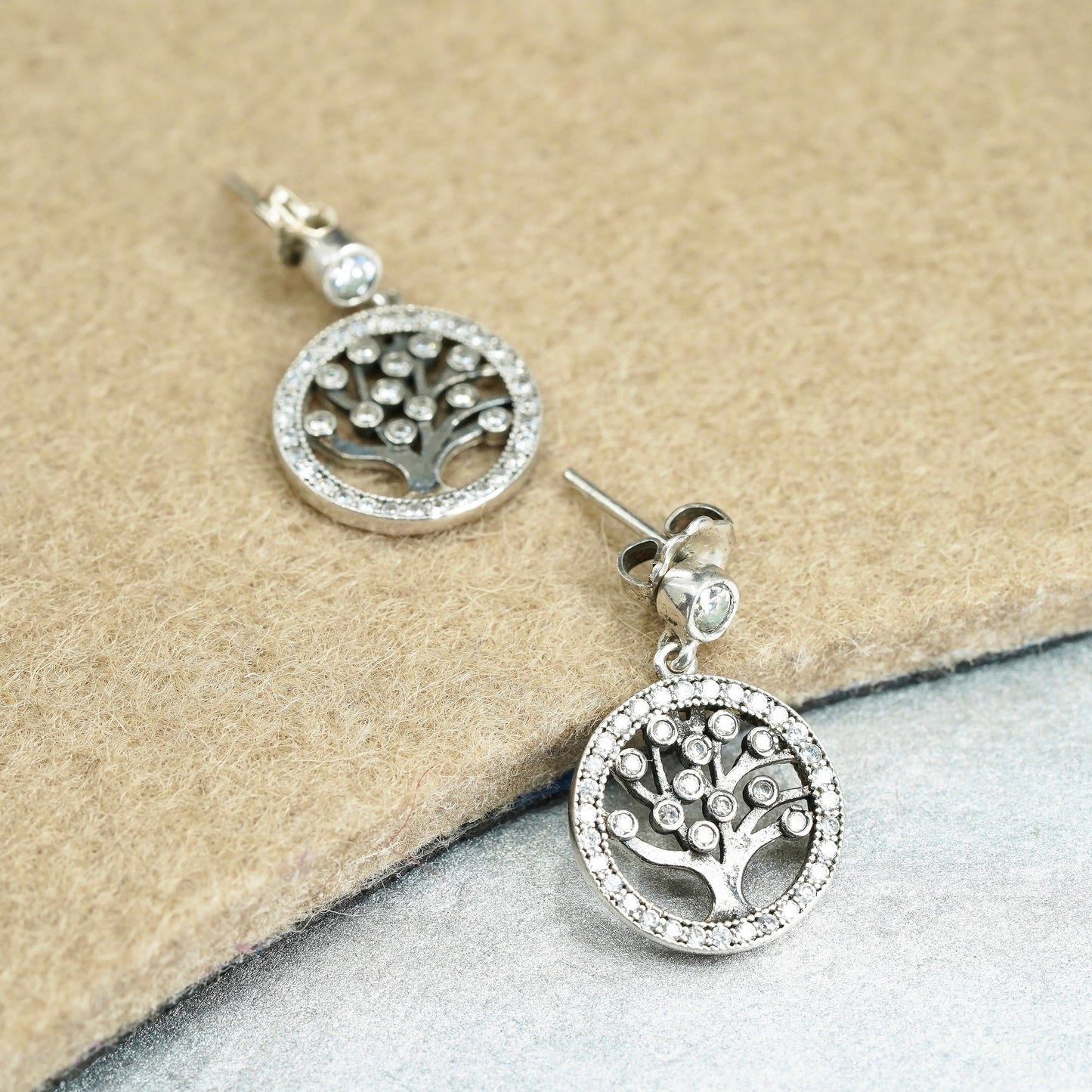 Vintage Sterling 925 silver handmade filigree tree earrings with cluster cz