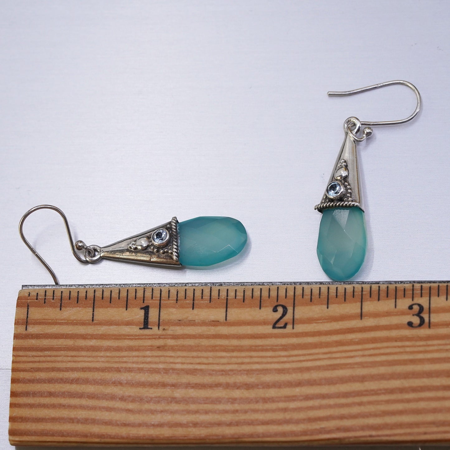 YS Indian Sterling 925 silver teardrop earrings with chalcedony blue crystal