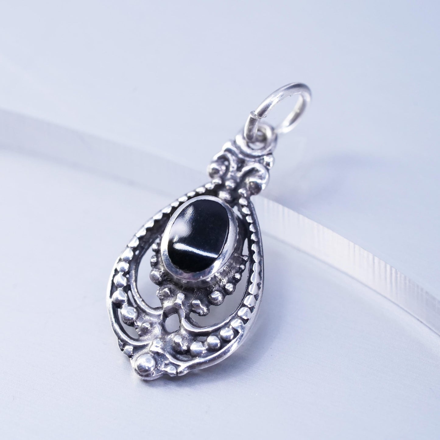 Vintage Sterling silver handmade charm, 925 teardrop pendant with onyx inlay