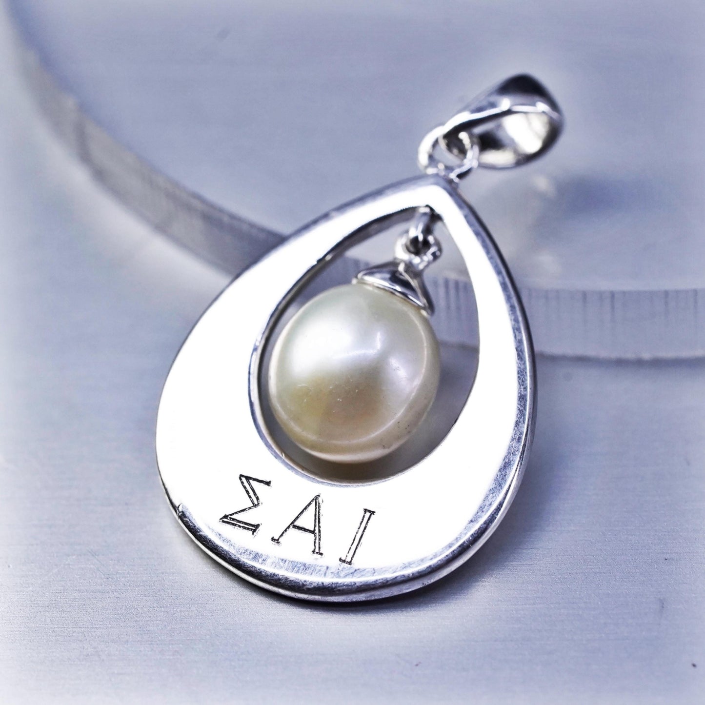 sterling 925 silver teardrop charm pendant with pearl engraved Sigma Alpha Lota