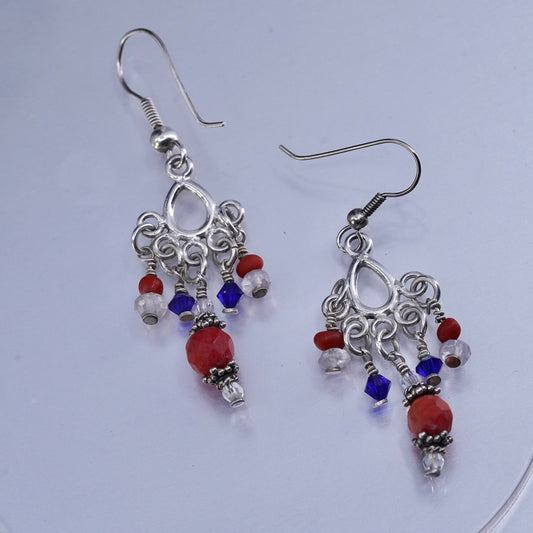 Vintage Sterling 925 silver teardrop earrings with crystal coral beads