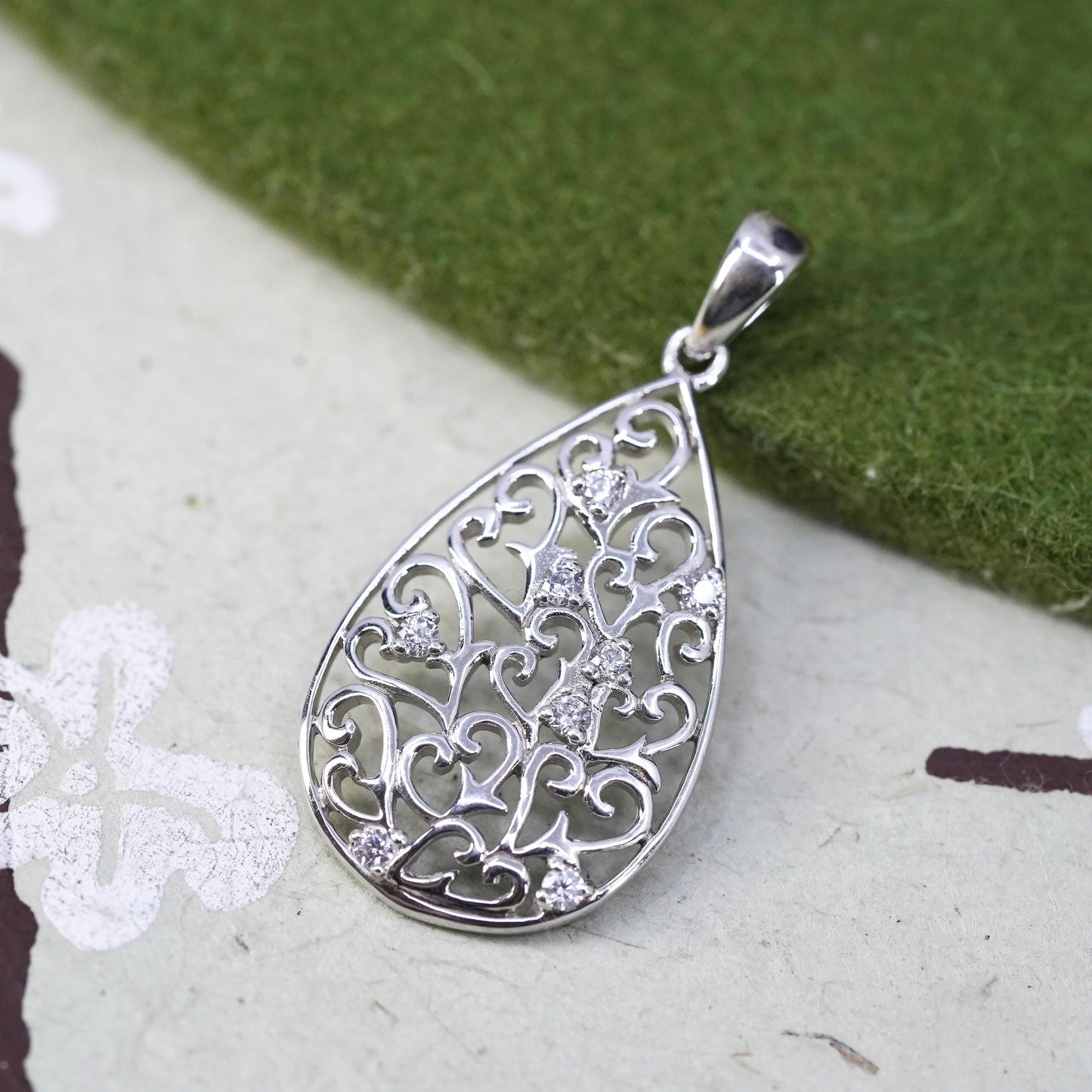 Vintage sterling silver pendant, 925 filigree teardrop with cz