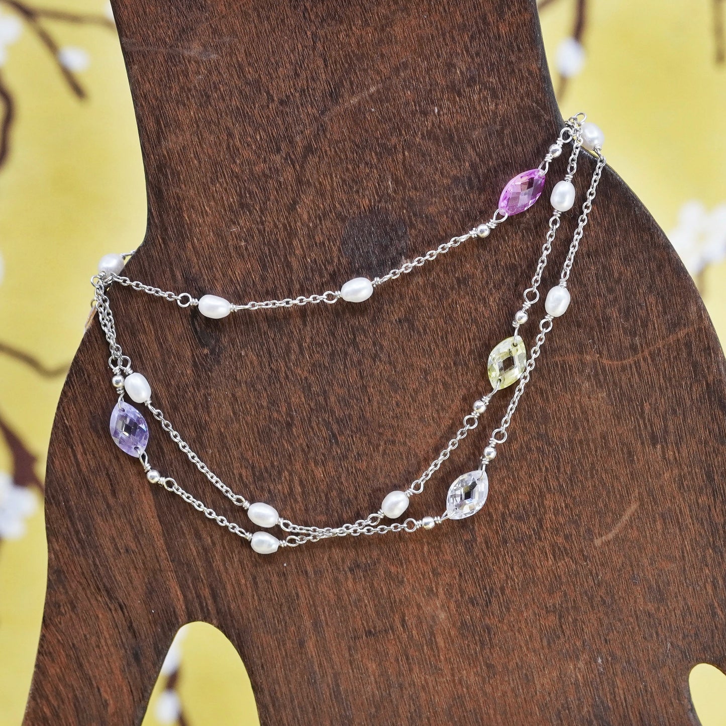 7.5”, 925 Sterling bracelet, 3 multi strands liquid Silver chain pearl crystal