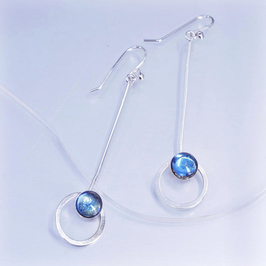 Vintage Sterling 925 silver handmade long circle earrings with blue crystal