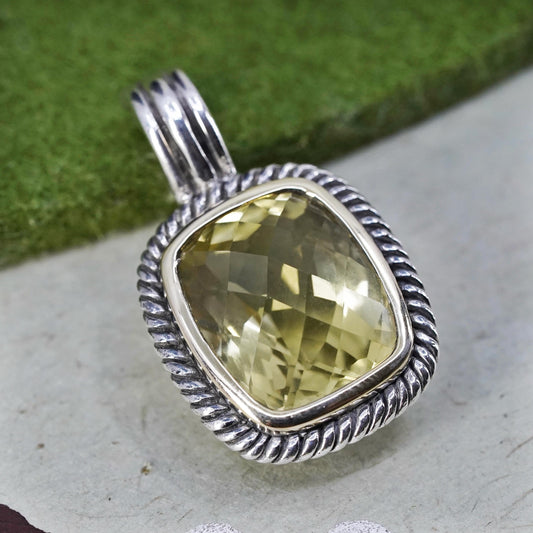 Vintage sterling 925 silver pendant checkerboard citrine 14K yellow gold trim