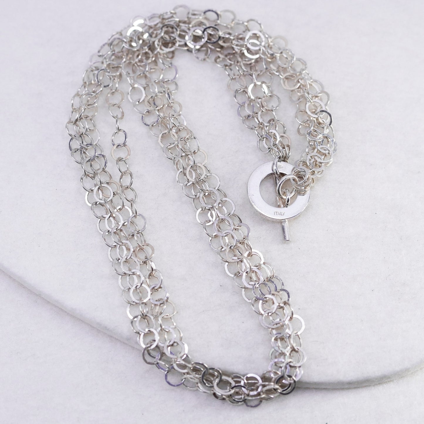 18”, Italian Sterling 925 silver flatten circle multi 4 strands chain necklace