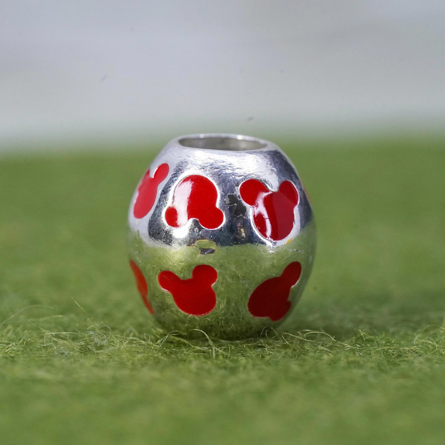 Vintage Sterling silver handmade bead charm with red enamel inlay