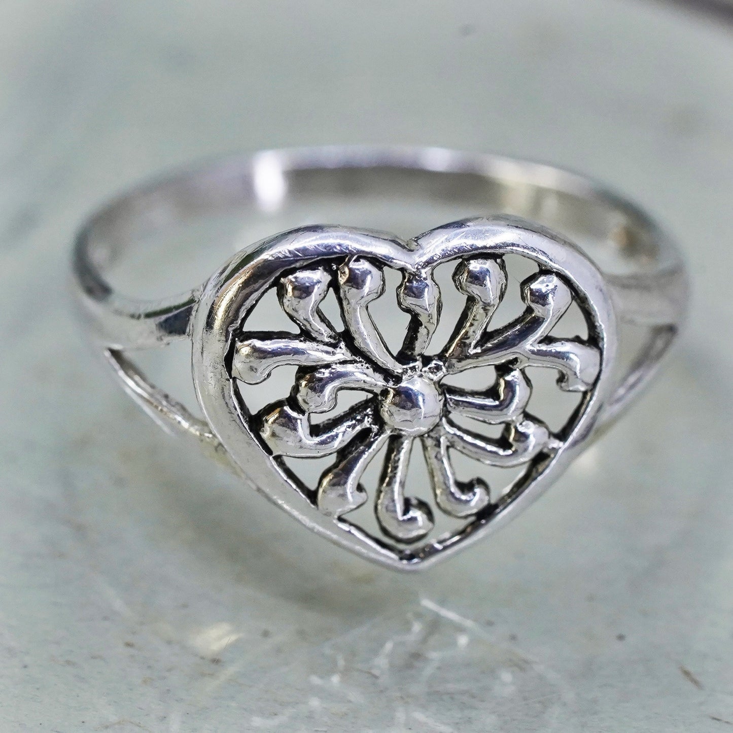 Size 7.5, Vintage sterling silver handmade wired ring, 925 filigree heart band