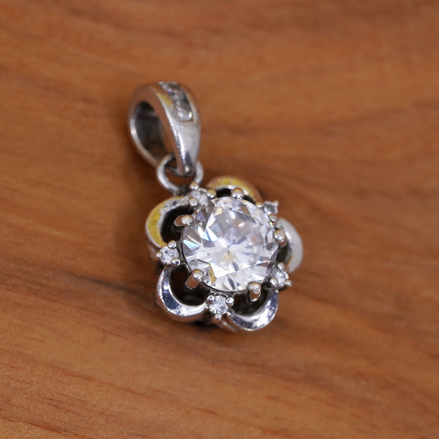 Vintage Sterling silver handmade flower pendant, 925 charm with Cz