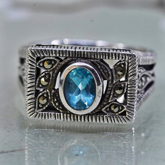 Size 9.25, Vintage sterling 925 silver handmade ring with topaz and marcasite