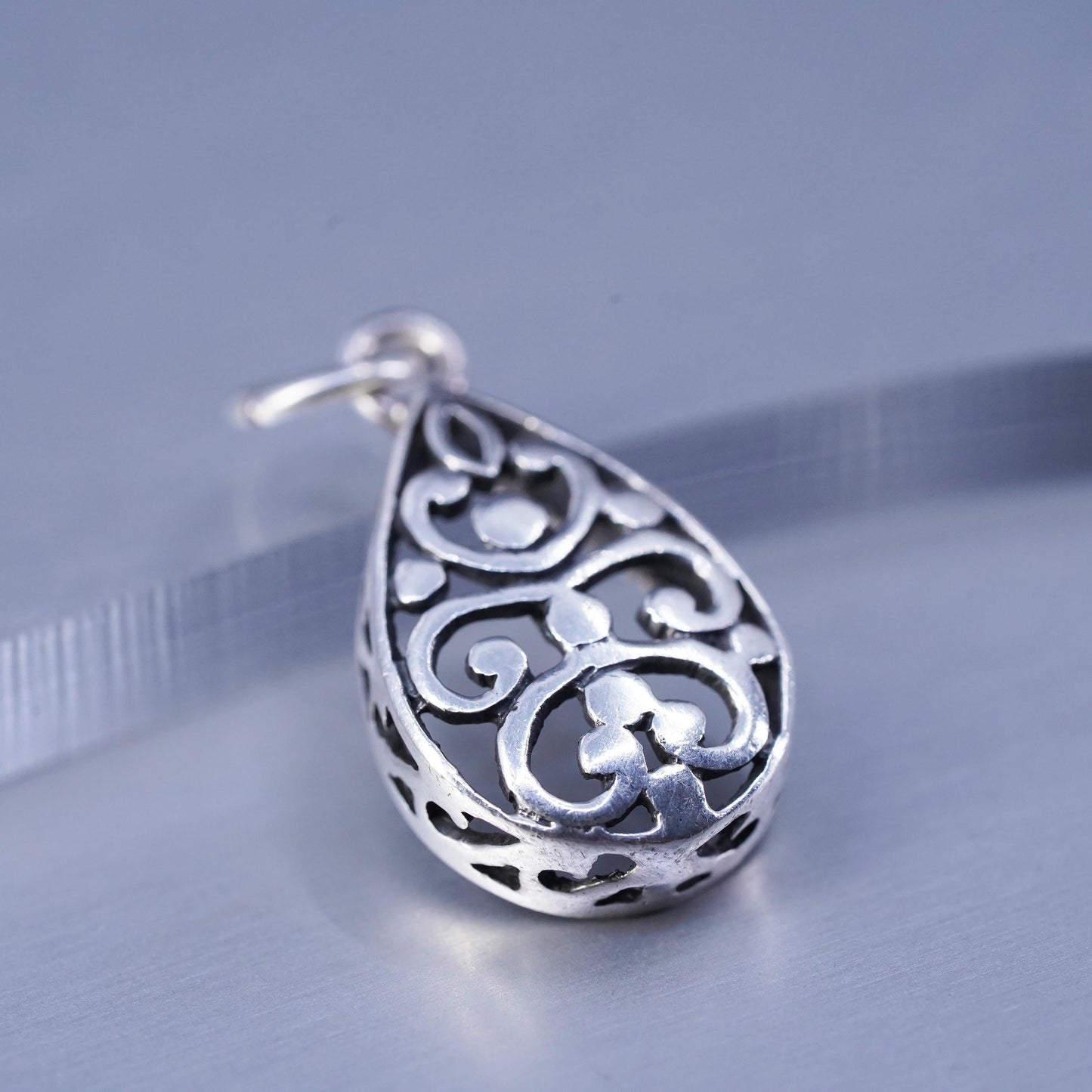 Vintage sterling 925 silver handmade filigree teardrop pendant charm