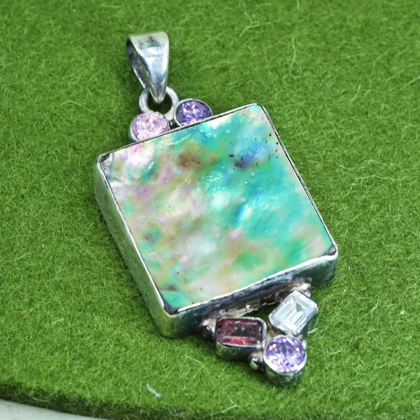 Vintage Sterling 925 silver handmade pendant with amethyst cz and abalone inlay