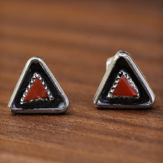 Vintage Sterling silver handmade earrings, Navajo 925 silver studs with coral