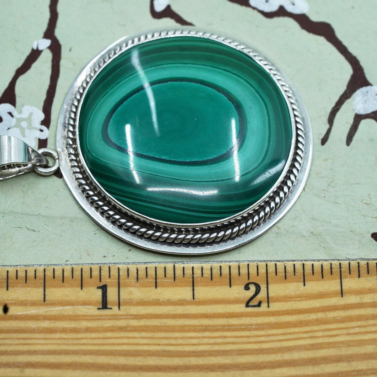 sterling 925 silver handmade huge pendant with round malachite and cable around