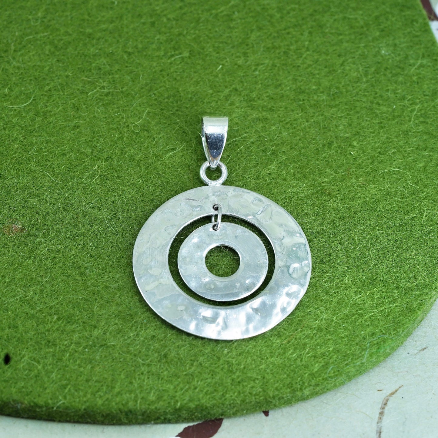 Vintage sterling silver handmade pendant, 925 hammered double circle