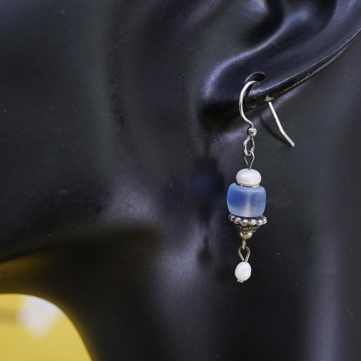 Vintage sterling 925 silver handmade earrings with pearl and blue glass bead