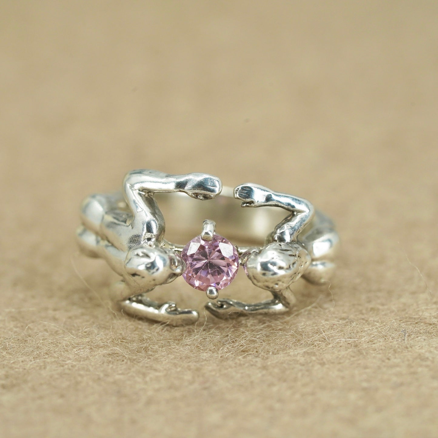 Size 6, Native American Sterling silver ring, 925 band lovers kiss pink cz