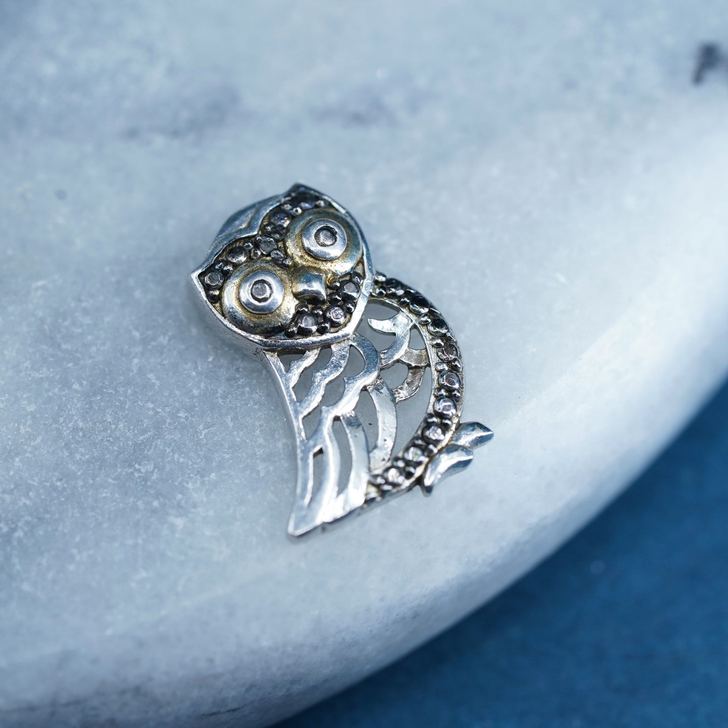 Vintage Sterling silver Handmade pendant, 925 owl charm with diamond