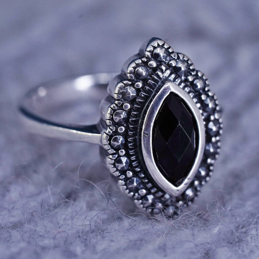 Size 5, vintage Sterling 925 silver handmade ring band with black onyx