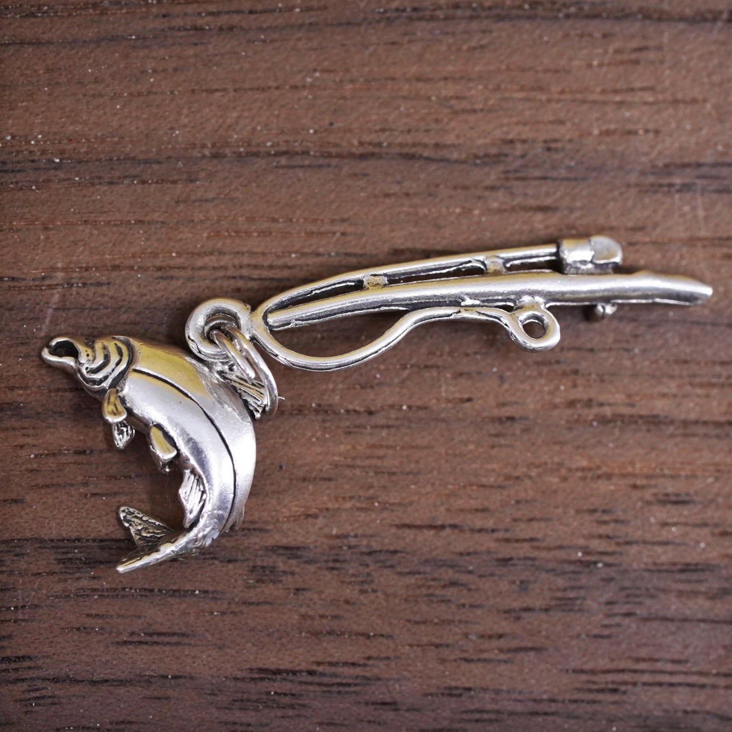 Vintage sterling silver handmade pendant, 925 salmon fishing charm