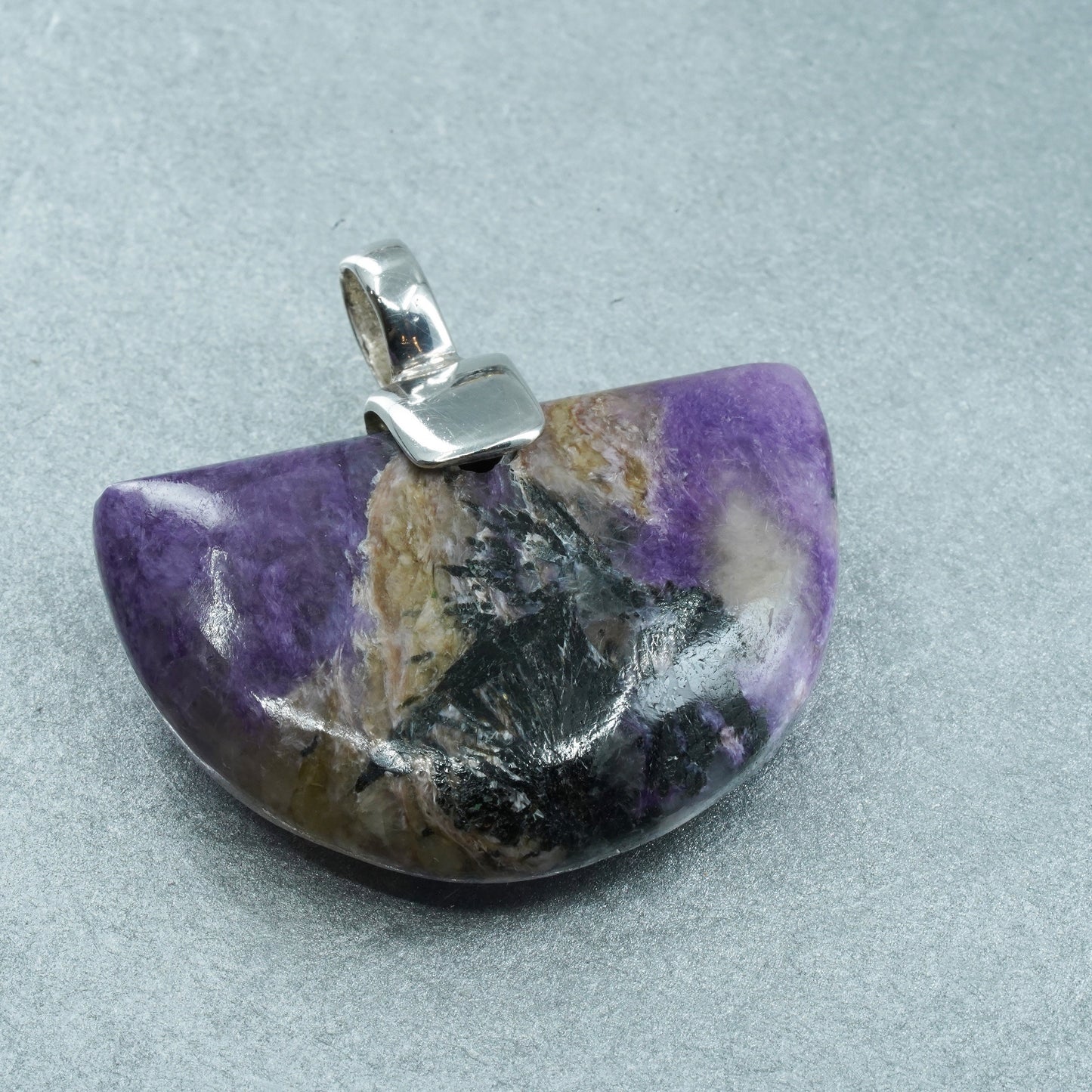 vintage sterling 925 silver handmade half fan pendant with charoite