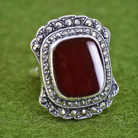 Size 5, Vintage sterling silver 925 handmade ring with carnelian and marcasite