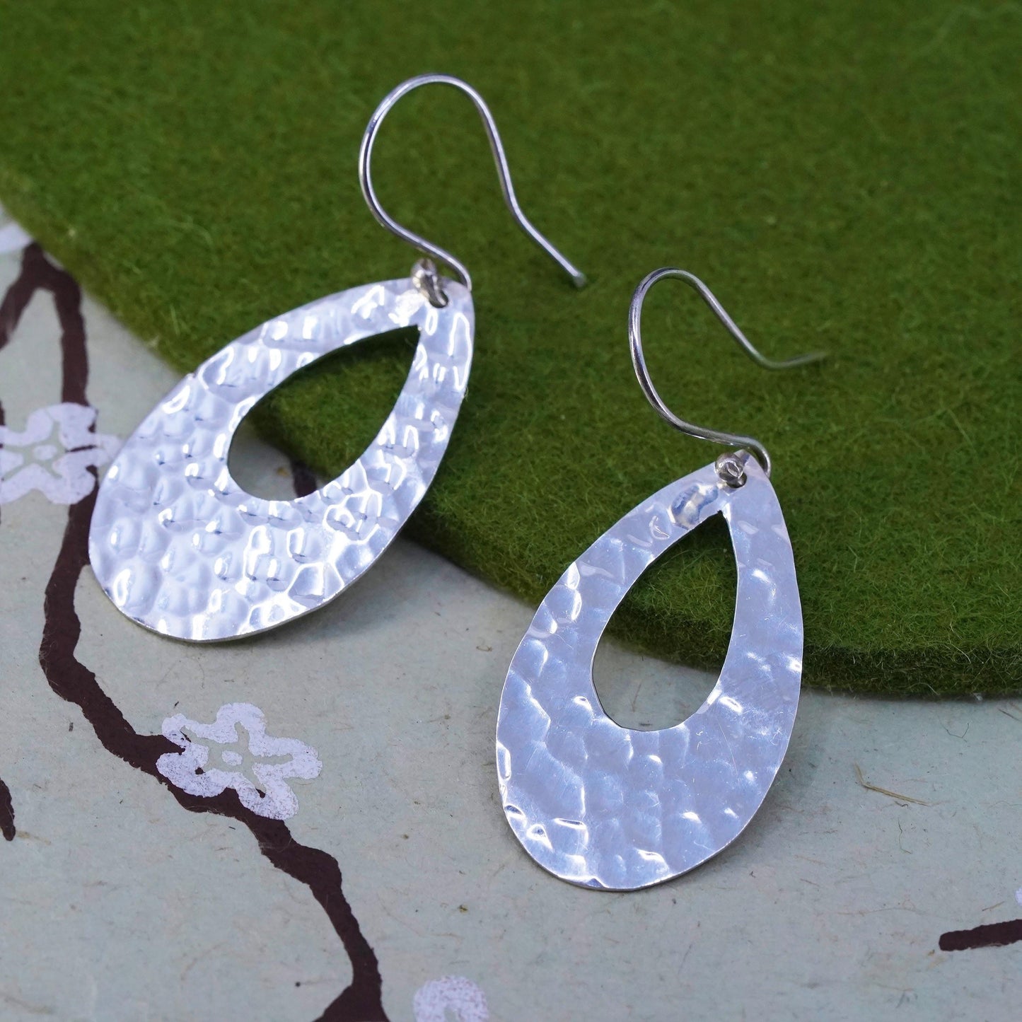 Vintage sterling silver handmade earrings, 925 teardrop with hammered texture