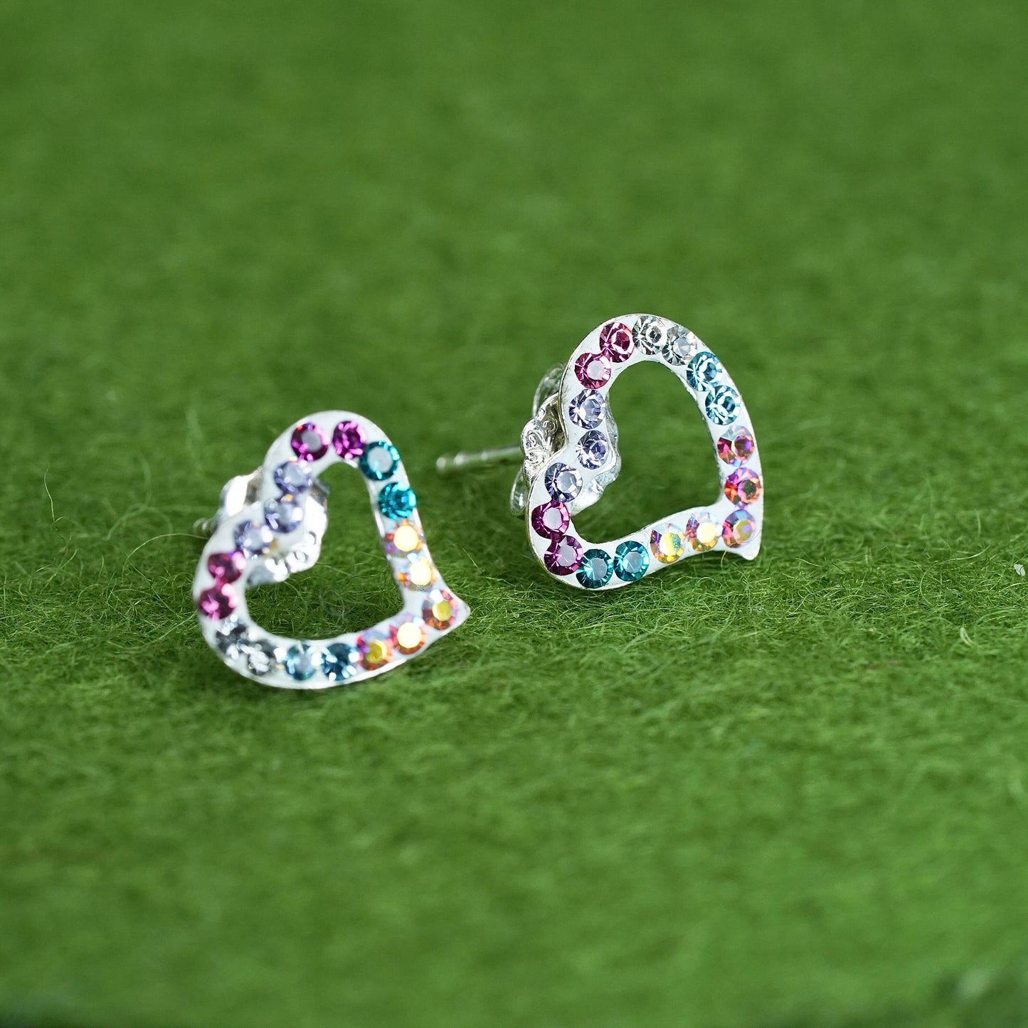 Vintage sterling silver rainbow cz studs, 925 heart earrings