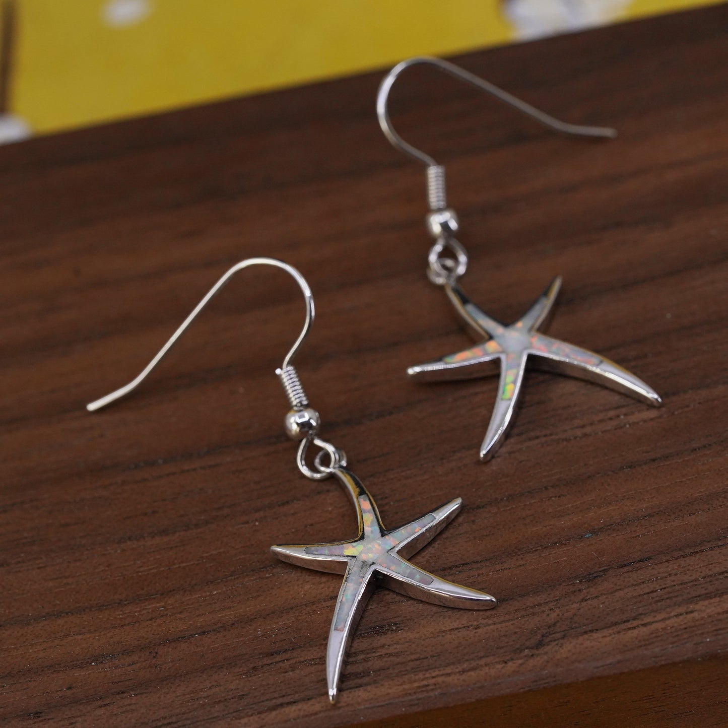 Vintage sterling silver handmade earrings, 925 starfish with opal Inlay