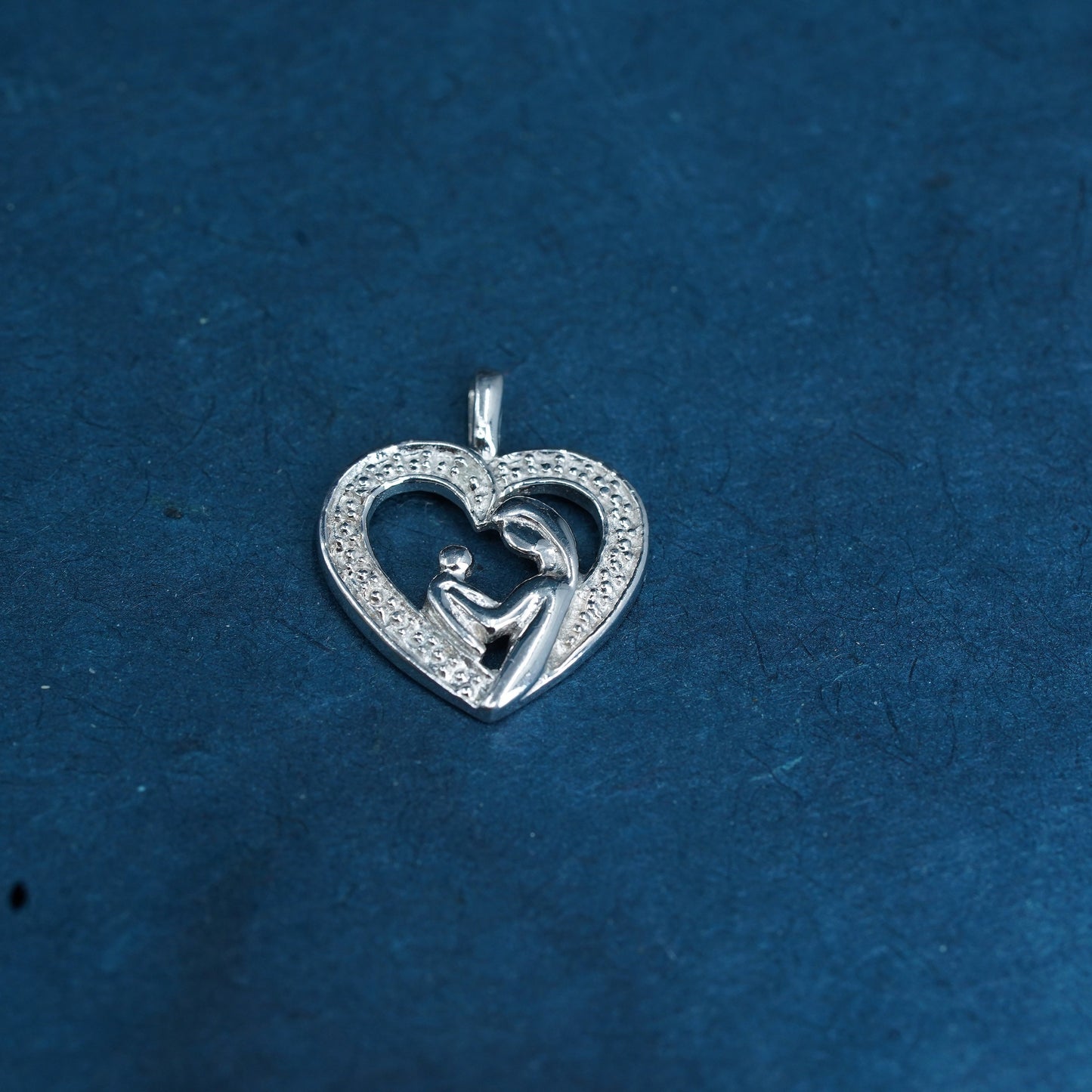 Sterling silver handmade prayer pendant, 925 mother and baby heart with diamond