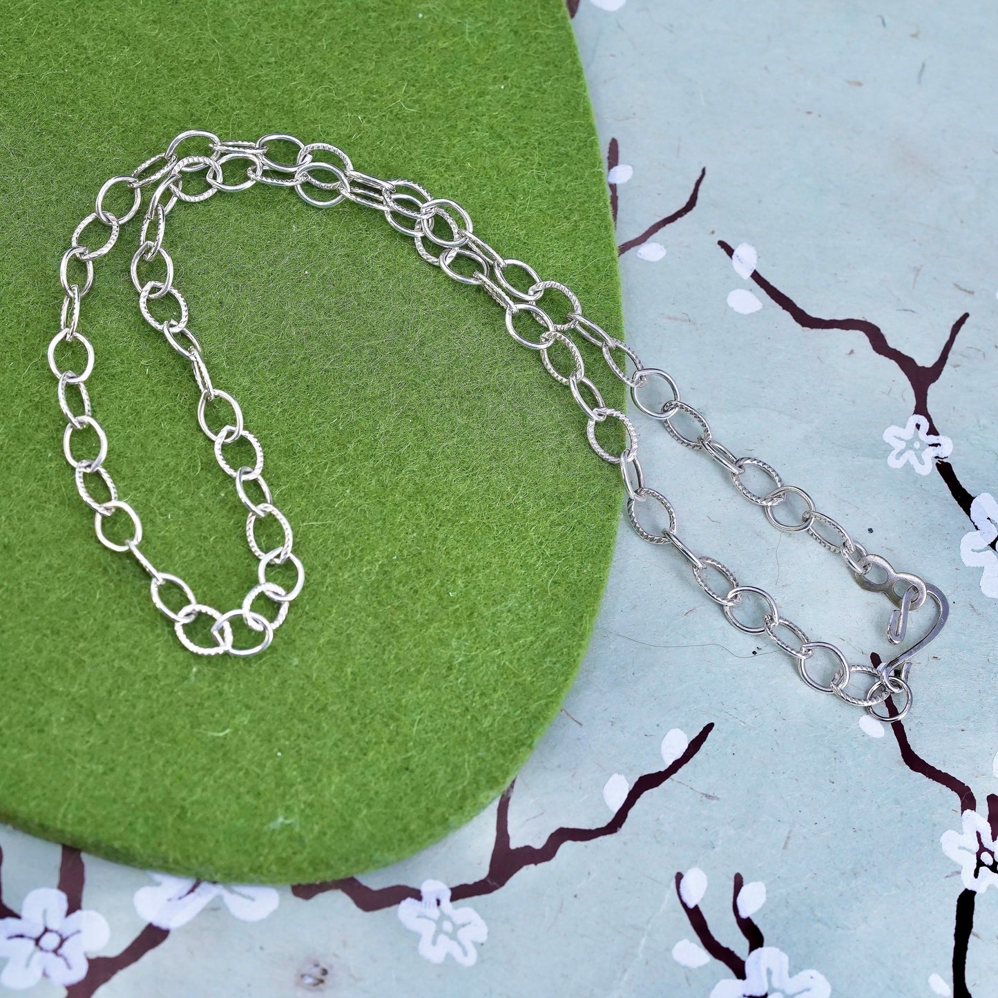 18", sterling silver charm necklace, 925 handmade textured circle link chain