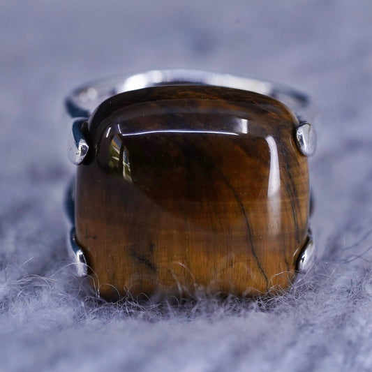 Size 7, vintage Sterling 925 silver handmade ring with square golden tiger eye