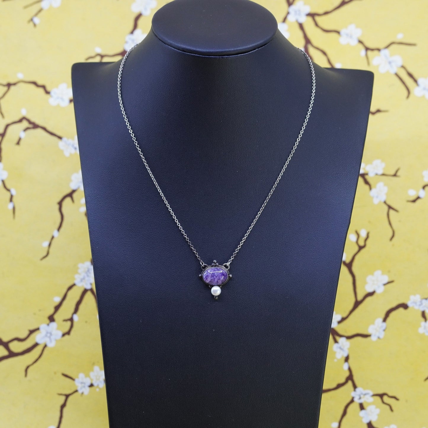 16”, handmade necklace, 925 silver circle chain with Charoite and pearl pendant