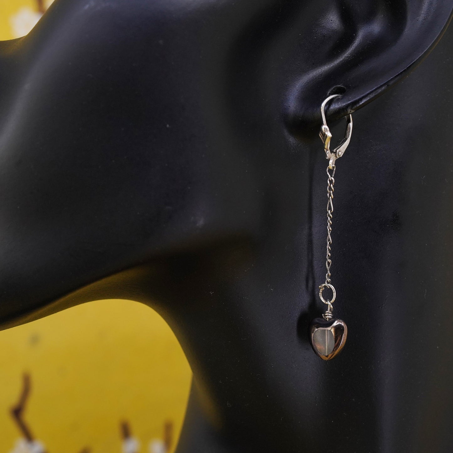 vintage handmade sterling silver earrings, 925 long dangles with glass heart