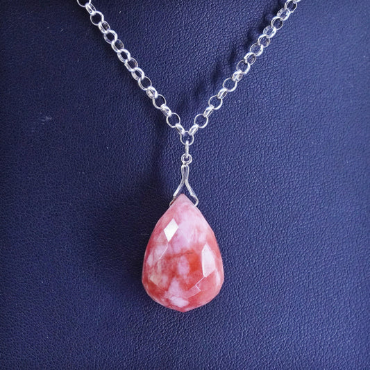 13", sterling 925 silver necklace, circle chain rose pink teardrop pendant