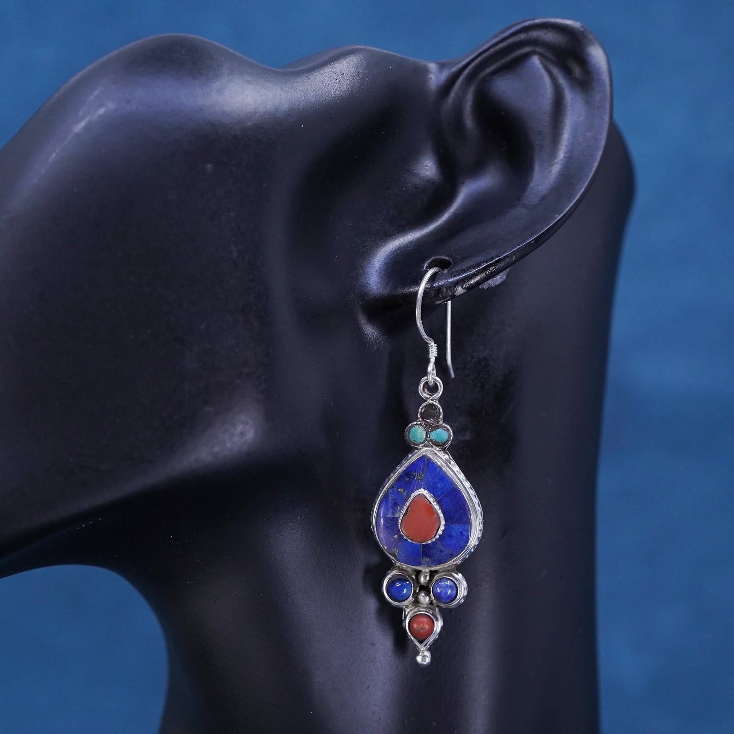 Native American Sterling 925 silver teardrop earrings turquoise coral lapis