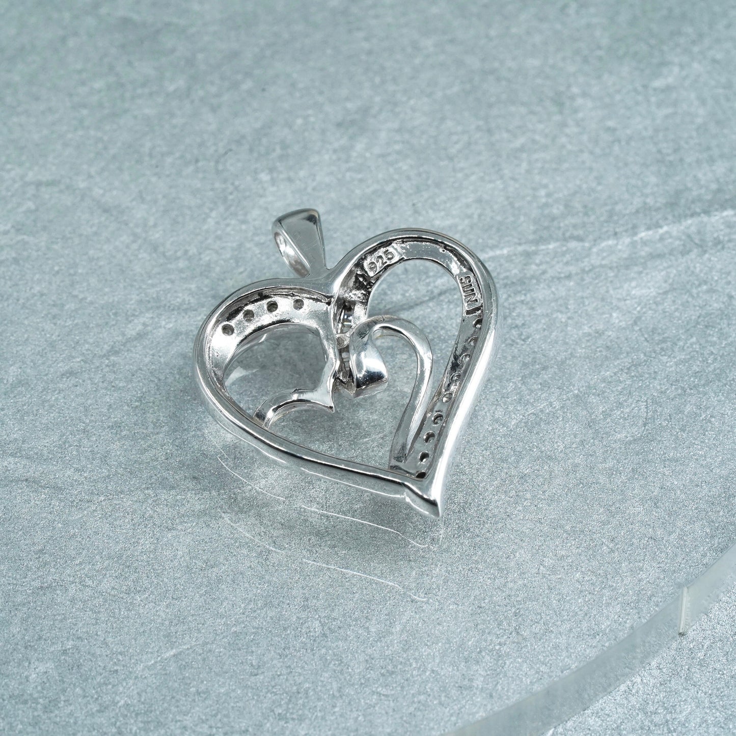 two tone sterling 925 silver double heart pendant with diamond 10K yellow gold