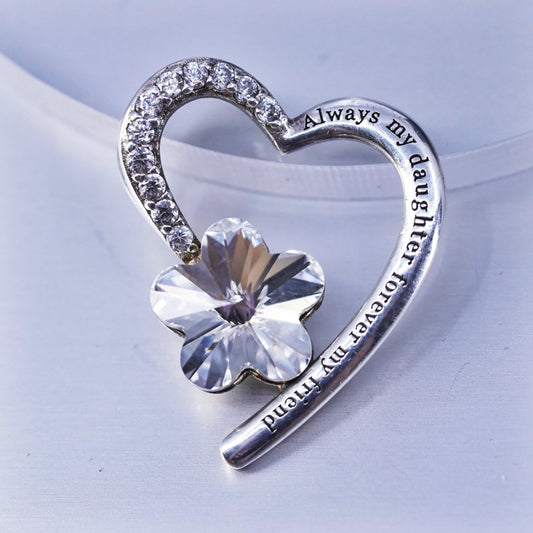 Sterling silver charm with cz flower, 925 heart tag “always my daughter friend”