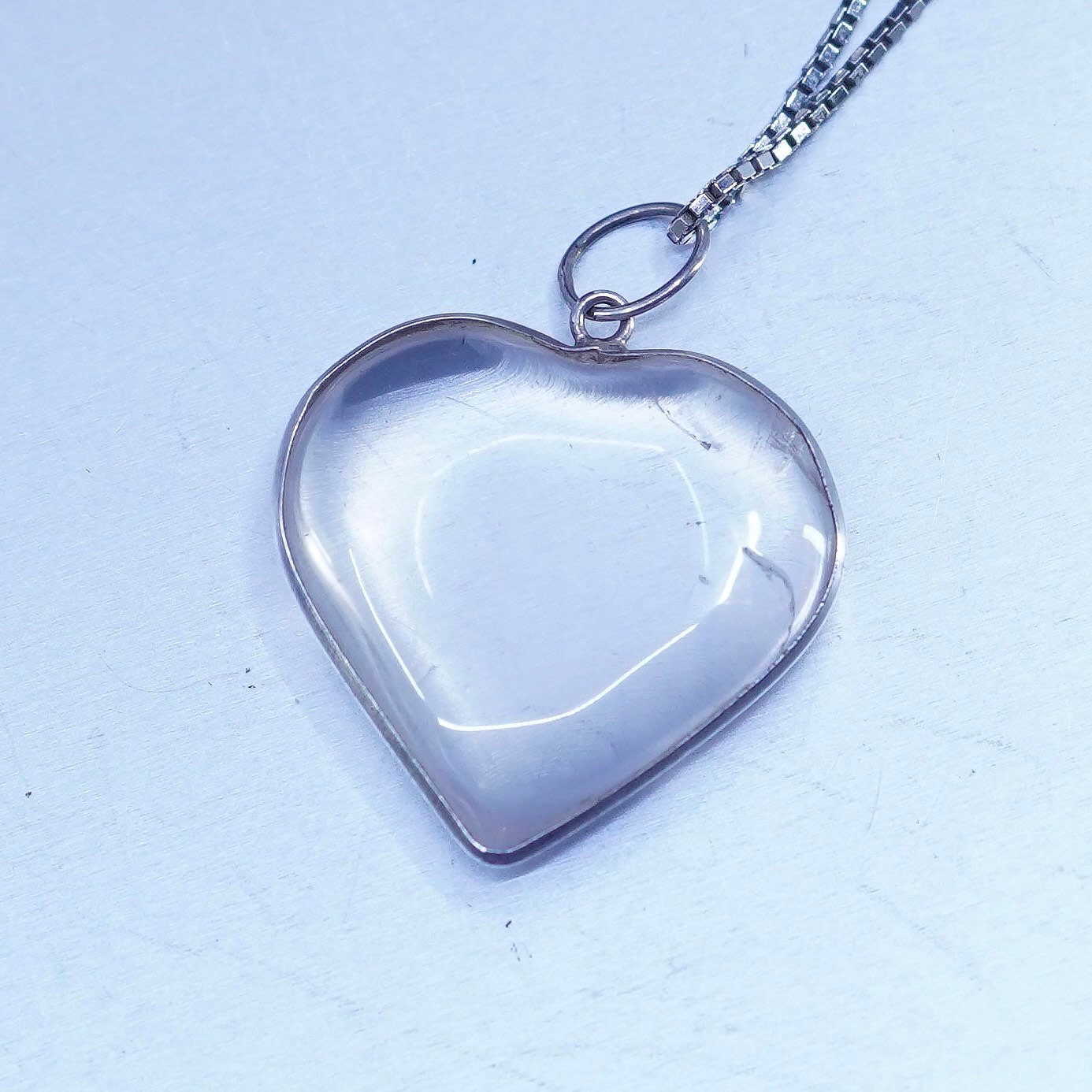 18”, Sterling 925 silver handmade box chain necklace clear glass heart pendant