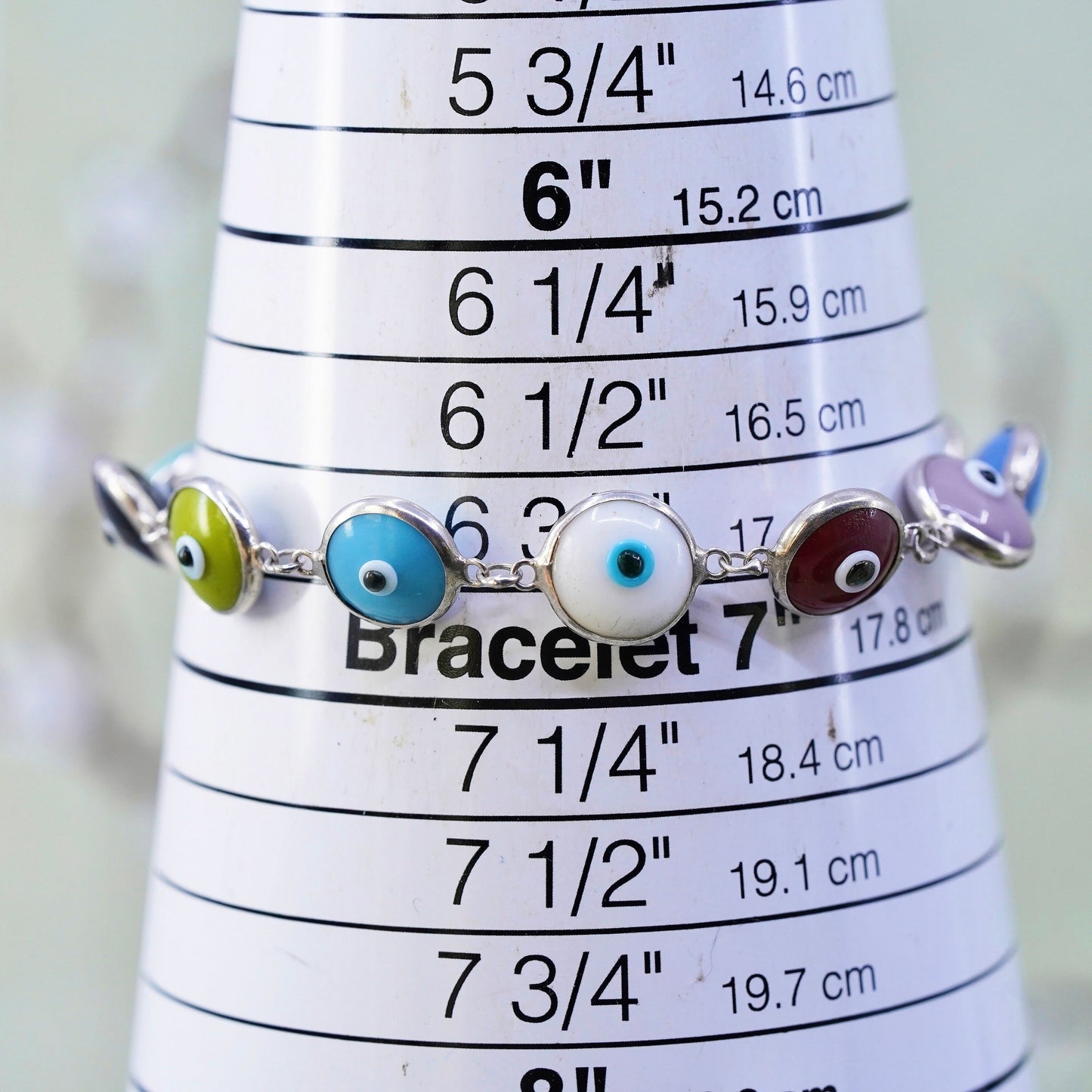 6.75”, vintage handmade sterling silver bracelet, colorful glass evil eye beads