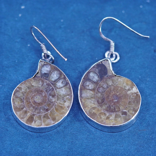 Vintage Sterling silver handmade earrings, 925 fossil shell drops