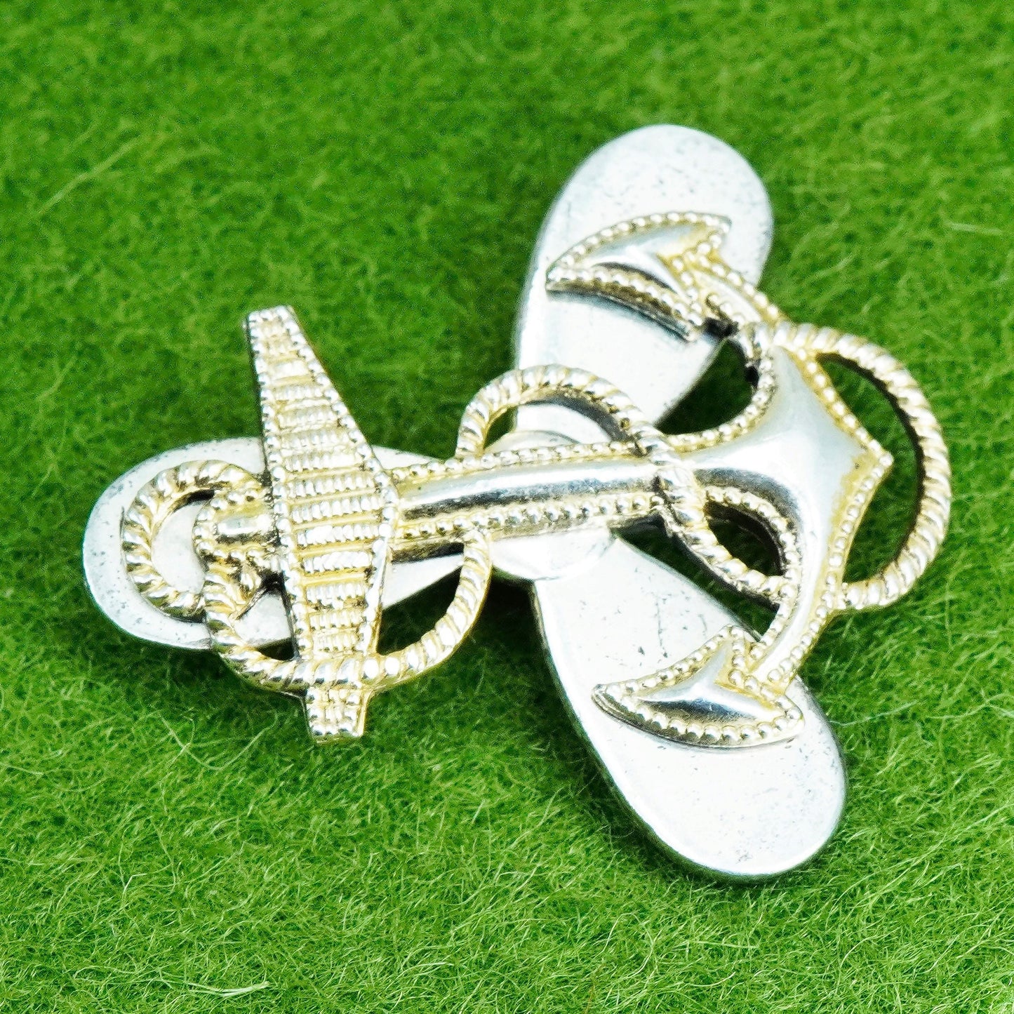 Vintage two tone sterling silver handmade brooch, 925 marine ship anchor pin