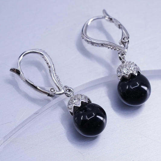 vintage Sterling silver earrings, 925 lever back with onyx beads and cz